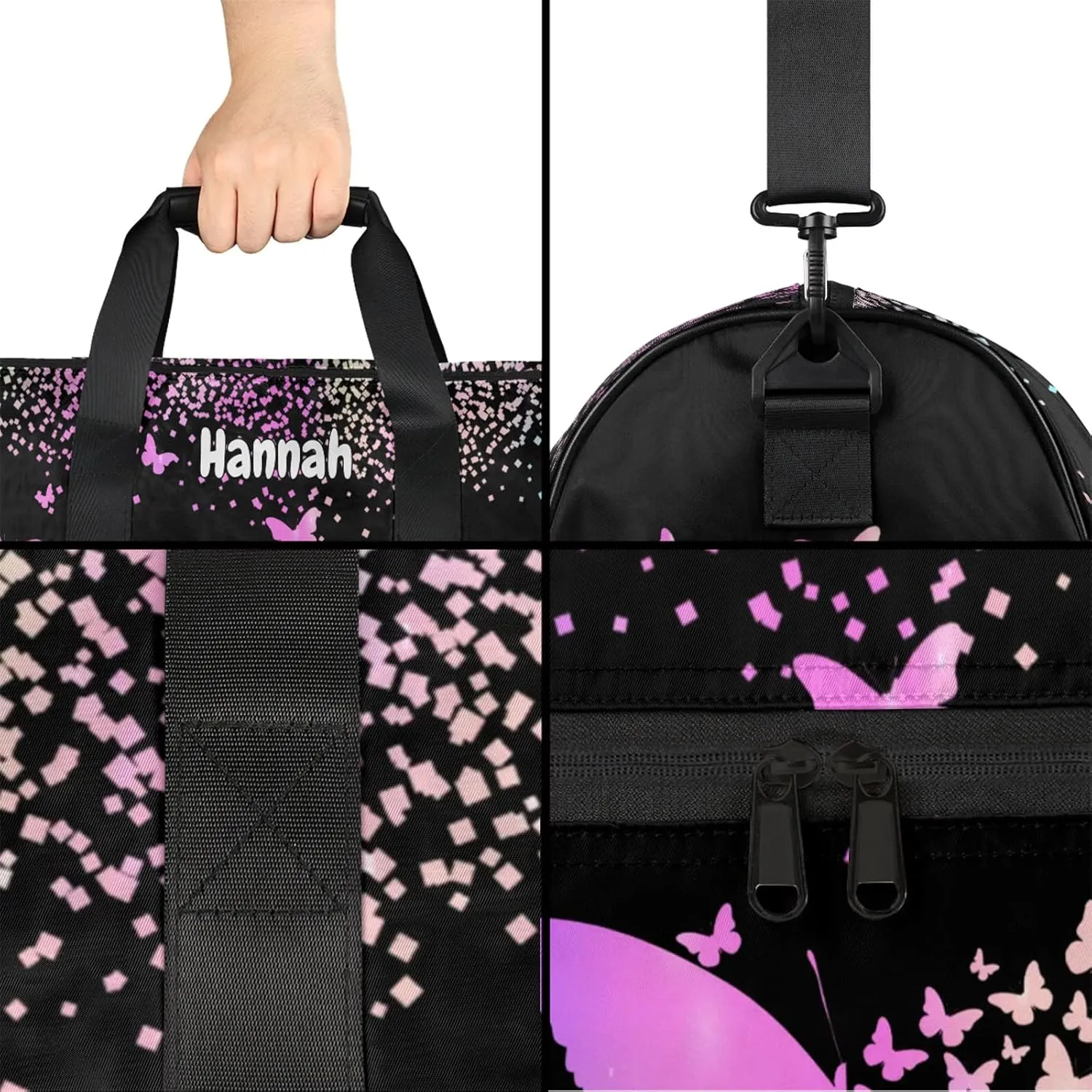 Personalized Duffel Bag with Name Butterfly Custom Travel Sports Bag with Shoes Compartment for Women Men Waterproof Dance Ballet Bag Lightweight, Rainbow Sparkly
