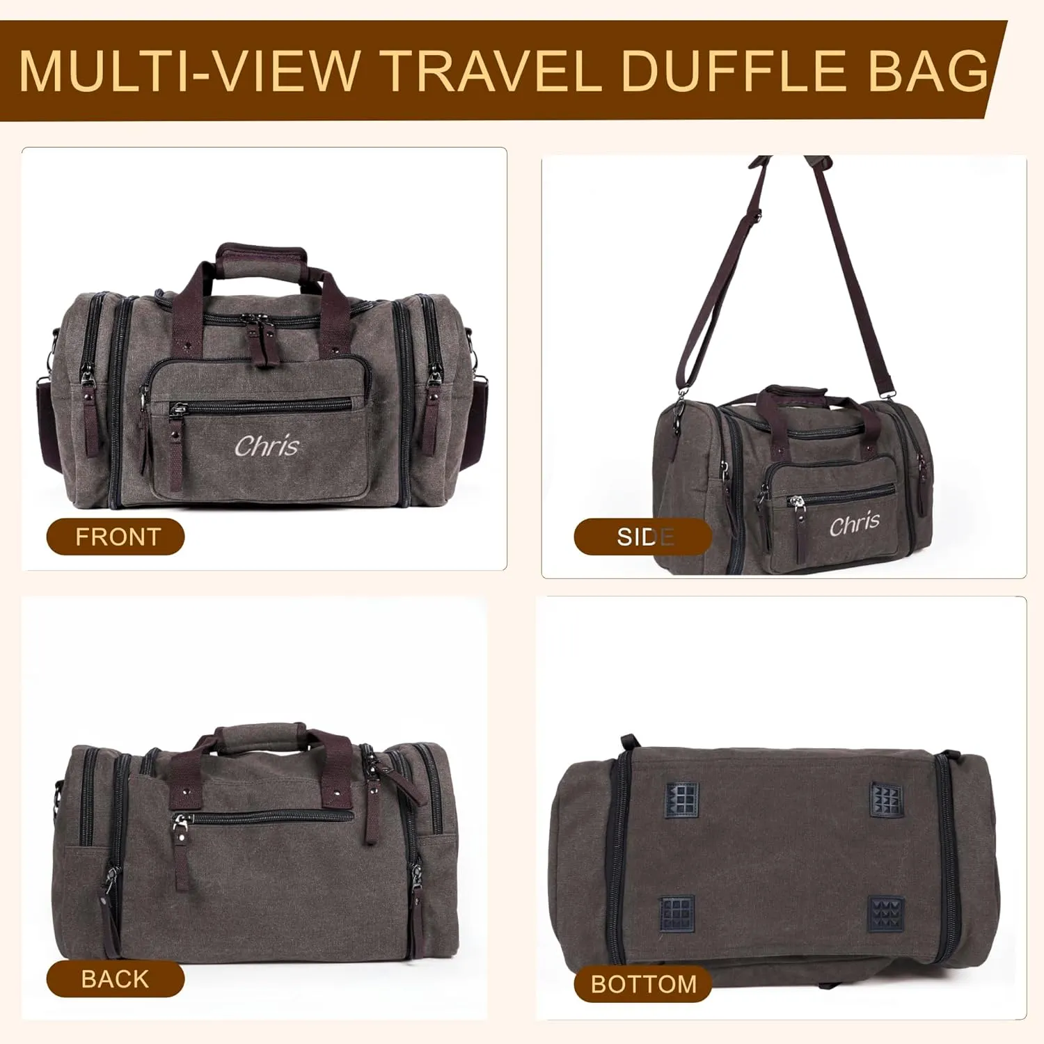 Personalized Duffle Bags for Men - Expandable Canvas Duffle Bag for Travel - Mens Overnight Bag or Weekender Bag with Shoe Compartment - Carry-On Duffel Bag for Short Trip, Gym & Camping (gray)