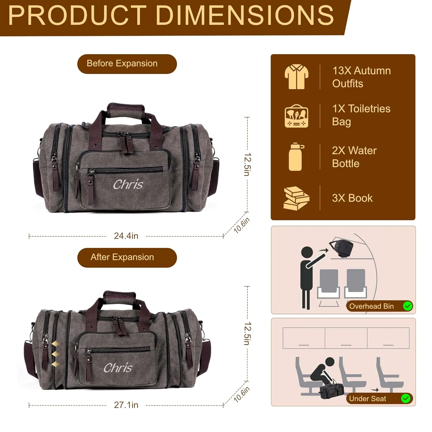 Personalized Duffle Bags for Men - Expandable Canvas Duffle Bag for Travel - Mens Overnight Bag or Weekender Bag with Shoe Compartment - Carry-On Duffel Bag for Short Trip, Gym & Camping (gray)