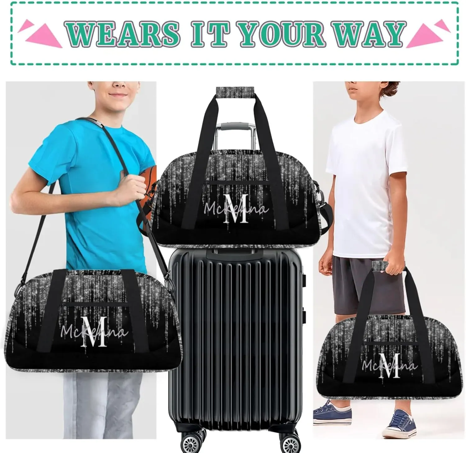 Personalized Gym Bag for Teens, Custom Dance Bag Named Overnight Duffel Bag for Practice Gymnastics Ballet Sports Bag, Silver Sparkly Glitters with Black