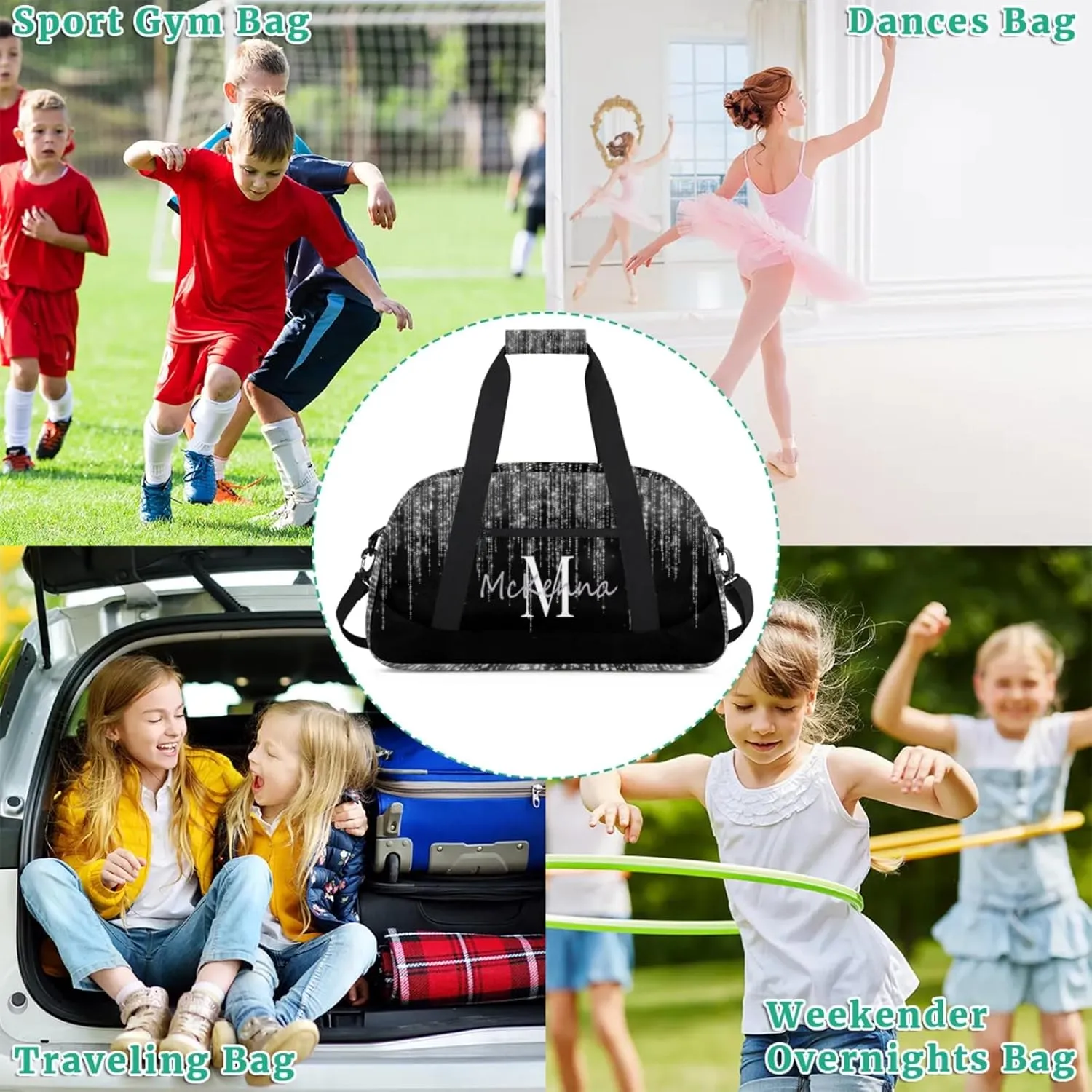 Personalized Gym Bag for Teens, Custom Dance Bag Named Overnight Duffel Bag for Practice Gymnastics Ballet Sports Bag, Silver Sparkly Glitters with Black