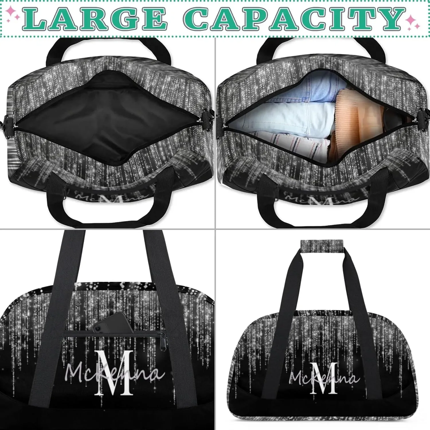 Personalized Gym Bag for Teens, Custom Dance Bag Named Overnight Duffel Bag for Practice Gymnastics Ballet Sports Bag, Silver Sparkly Glitters with Black