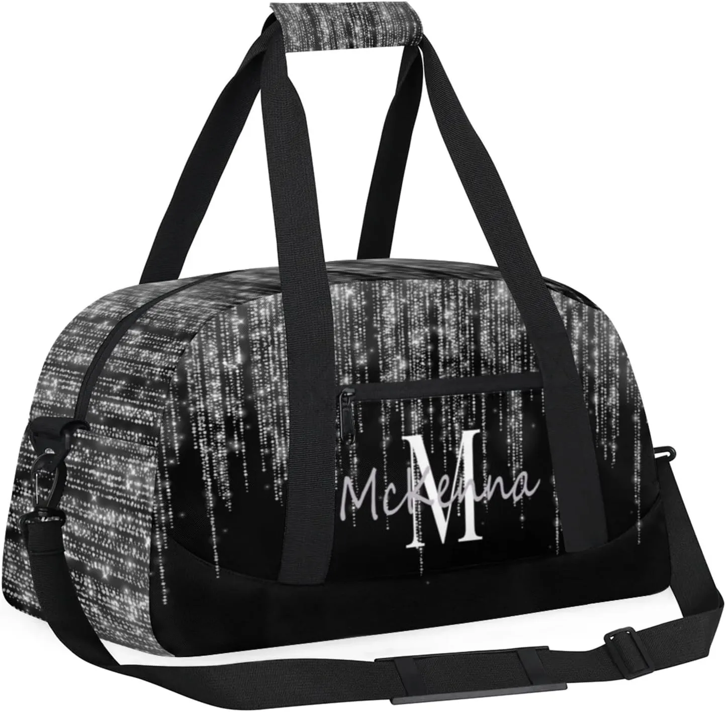 Personalized Gym Bag for Teens, Custom Dance Bag Named Overnight Duffel Bag for Practice Gymnastics Ballet Sports Bag, Silver Sparkly Glitters with Black