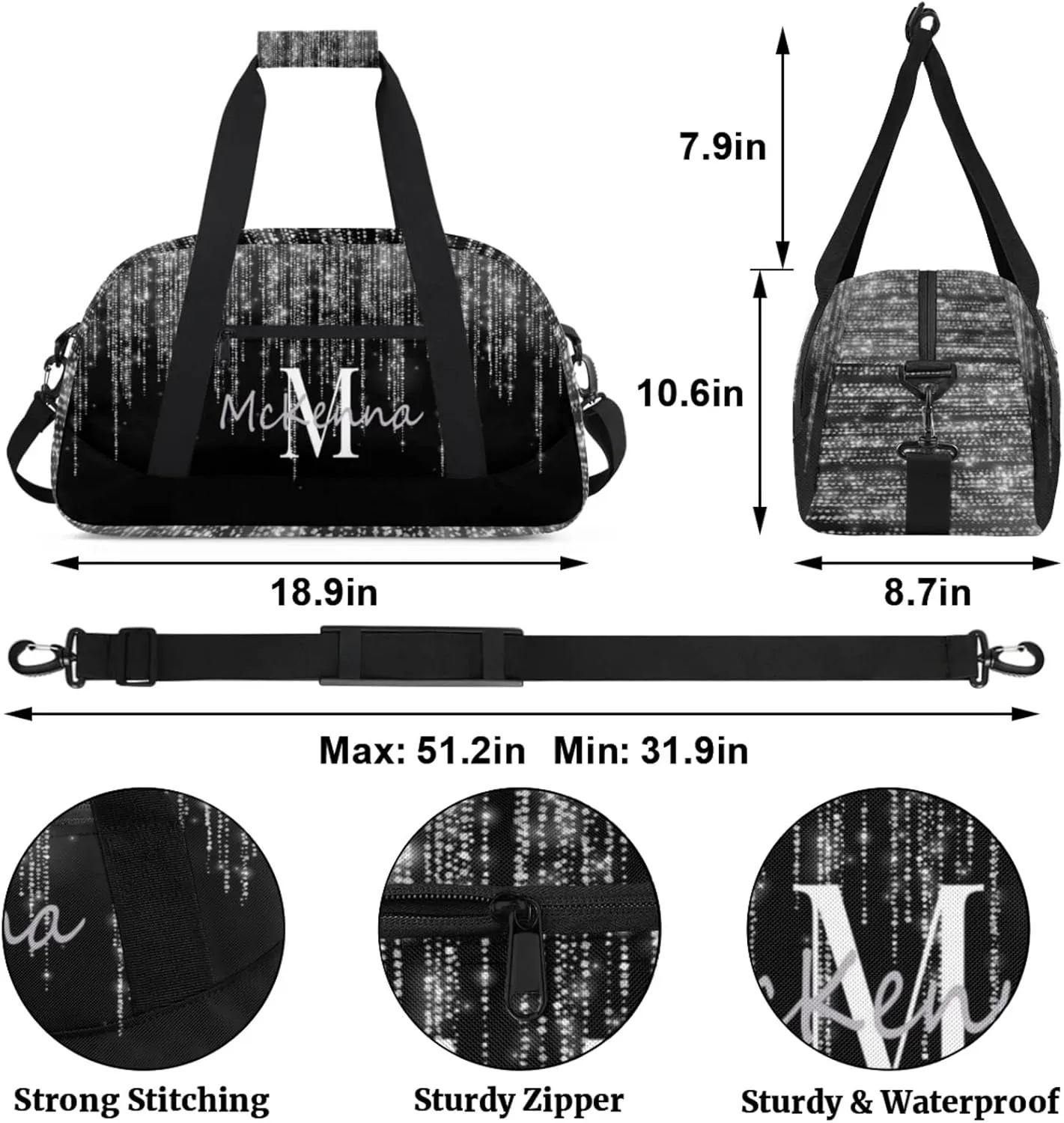 Personalized Gym Bag for Teens, Custom Dance Bag Named Overnight Duffel Bag for Practice Gymnastics Ballet Sports Bag, Silver Sparkly Glitters with Black