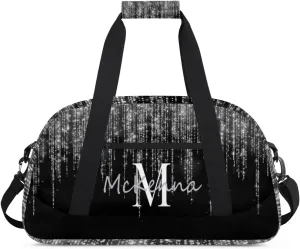 Personalized Gym Bag for Teens, Custom Dance Bag Named Overnight Duffel Bag for Practice Gymnastics Ballet Sports Bag, Silver Sparkly Glitters with Black