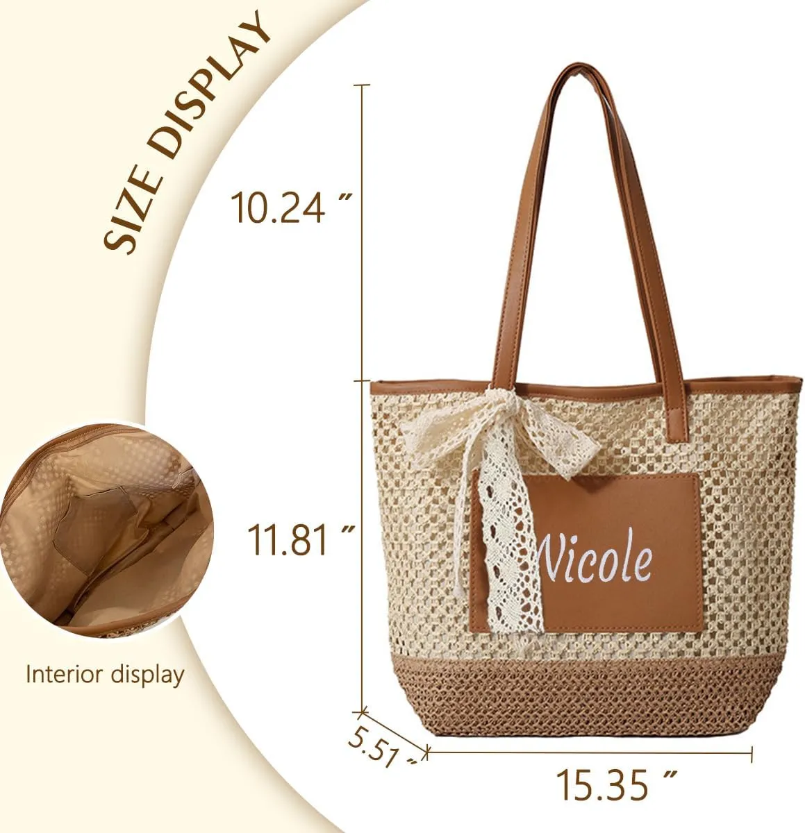 Personalized Straw Beach Bag for Women Custom Embroidered Tote with Lace Bow Large Lightweight Foldable Shoulder Bag