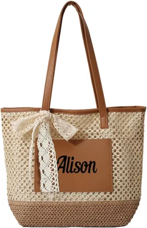Personalized Straw Beach Bag for Women Custom Embroidered Tote with Lace Bow Large Lightweight Foldable Shoulder Bag