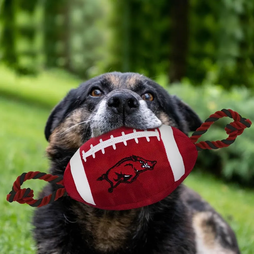 Pets First NCAA Arkansas Razorbacks Football Dog Toy, Tough Quality Nylon Materials, Strong Pull Ropes, Inner Squeaker, Collegiate Team Color