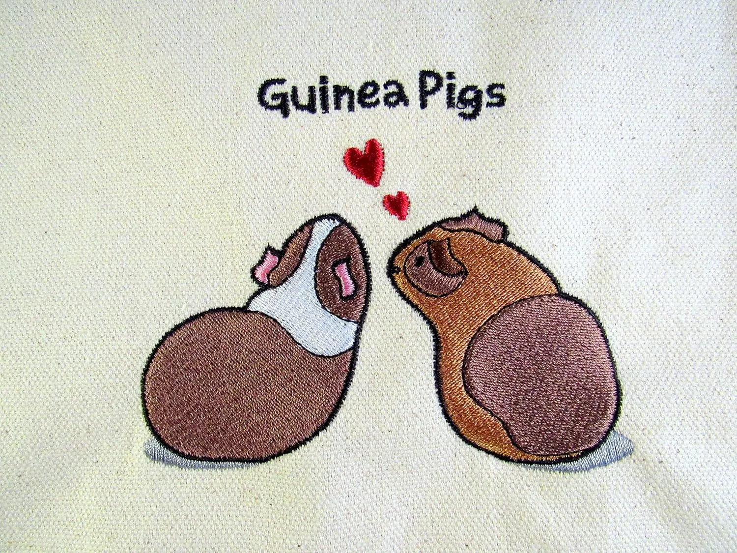 Pets Guinea Pig, Embroidered Natural Cotton Canvas Eco-Tote Reusable Shopping Bag, Size Large, Black and White