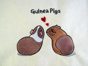 Pets Guinea Pig, Embroidered Natural Cotton Canvas Eco-Tote Reusable Shopping Bag, Size Large, Black and White