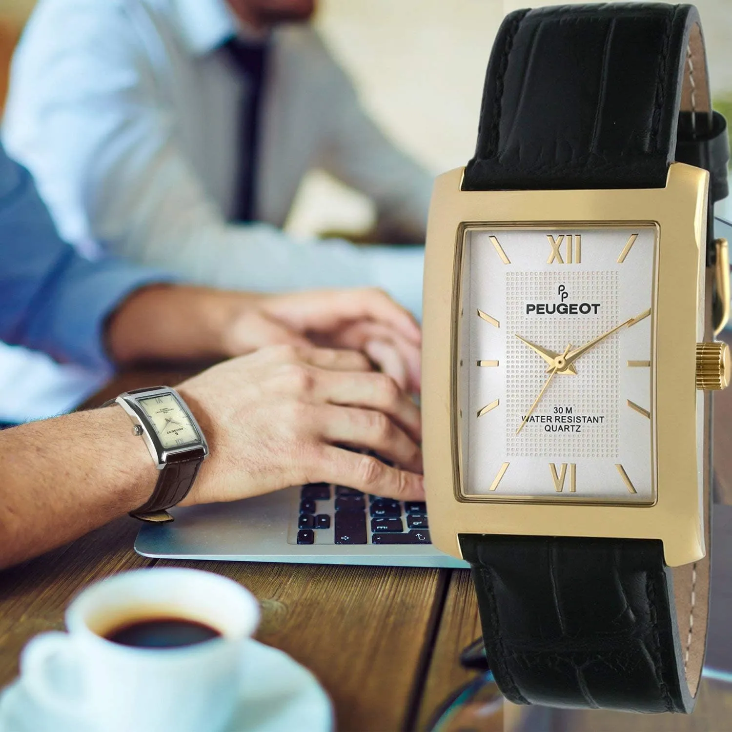 Peugeot Men's Rectangular Textured Roman Numeral Dial Classic Dress Wrist Watch with Leather Strap Band