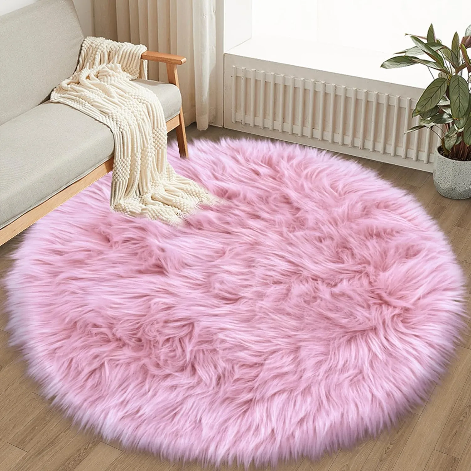 Pink 5'X5' High Pile Shag Rug, Fluffy Round Rug for Girls/Boys Room, Soft Circular Carpet for Nursery, Fuzzy Plush Rug for Dorm