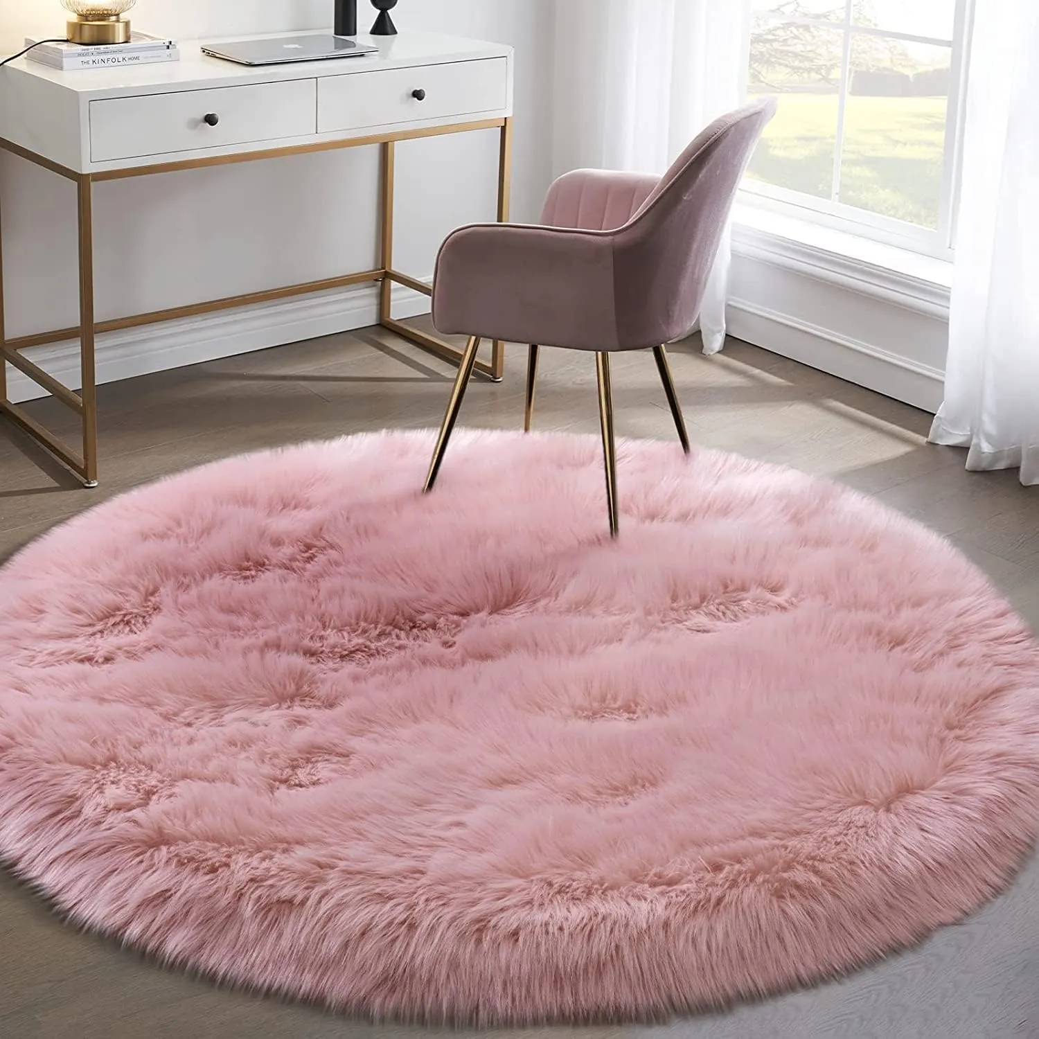 Pink 5'X5' High Pile Shag Rug, Fluffy Round Rug for Girls/Boys Room, Soft Circular Carpet for Nursery, Fuzzy Plush Rug for Dorm