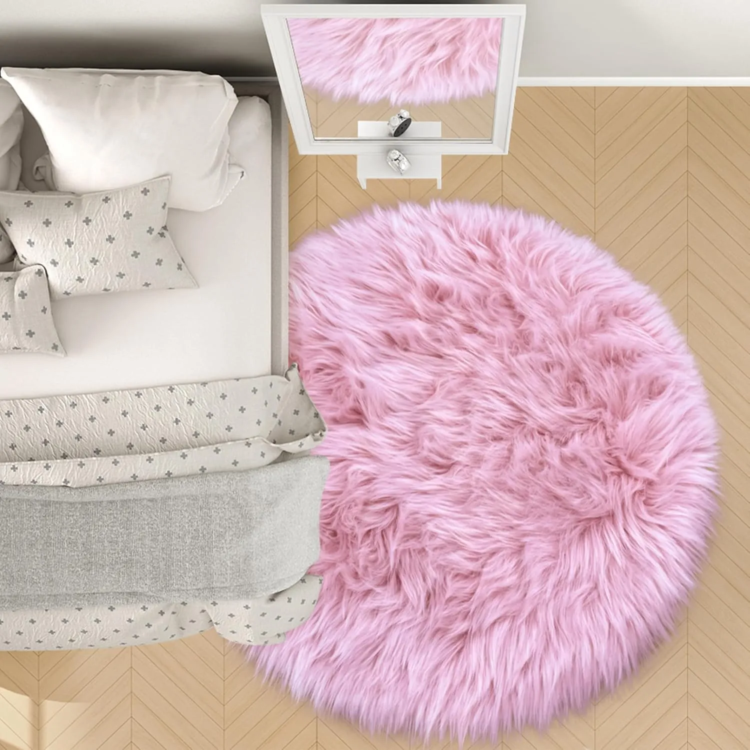 Pink 5'X5' High Pile Shag Rug, Fluffy Round Rug for Girls/Boys Room, Soft Circular Carpet for Nursery, Fuzzy Plush Rug for Dorm