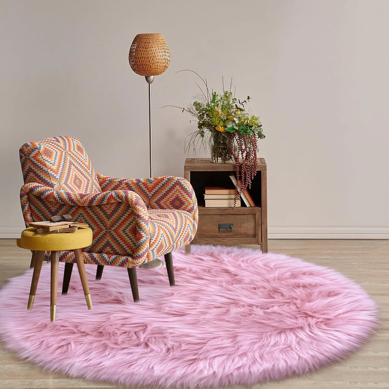 Pink 5'X5' High Pile Shag Rug, Fluffy Round Rug for Girls/Boys Room, Soft Circular Carpet for Nursery, Fuzzy Plush Rug for Dorm