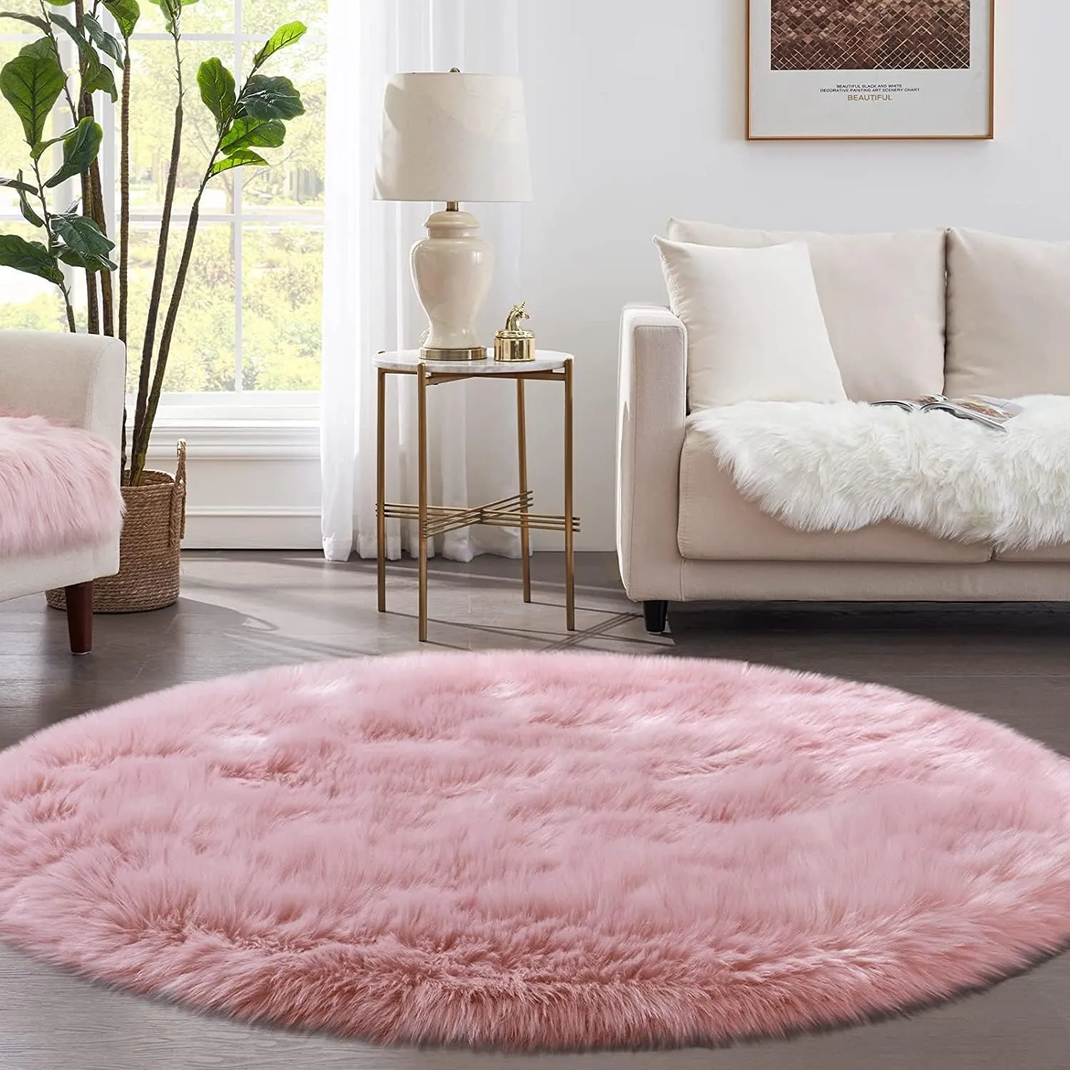 Pink 5'X5' High Pile Shag Rug, Fluffy Round Rug for Girls/Boys Room, Soft Circular Carpet for Nursery, Fuzzy Plush Rug for Dorm