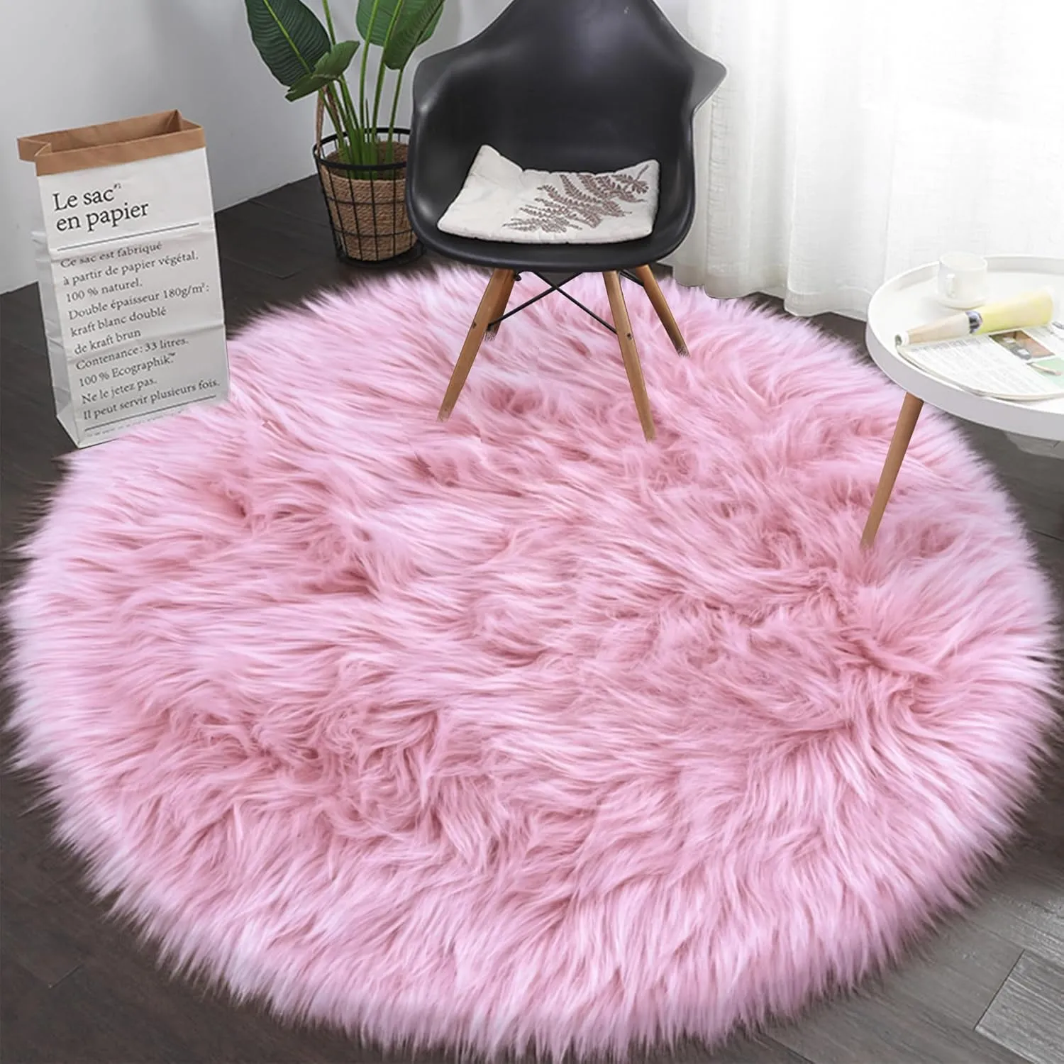 Pink 5'X5' High Pile Shag Rug, Fluffy Round Rug for Girls/Boys Room, Soft Circular Carpet for Nursery, Fuzzy Plush Rug for Dorm