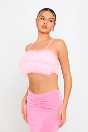 Pink Fluffy Faux Fur Spaghetti Strap Crop Top