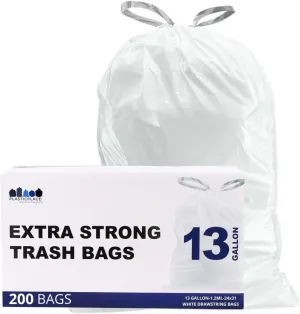 Plasticplace 13 Gallon Trash Bags â”‚ 1.2 Mil â”‚ White Drawstring Garbage Can Liners â”‚ 24" x 31", 200 Count (Pack of 1)