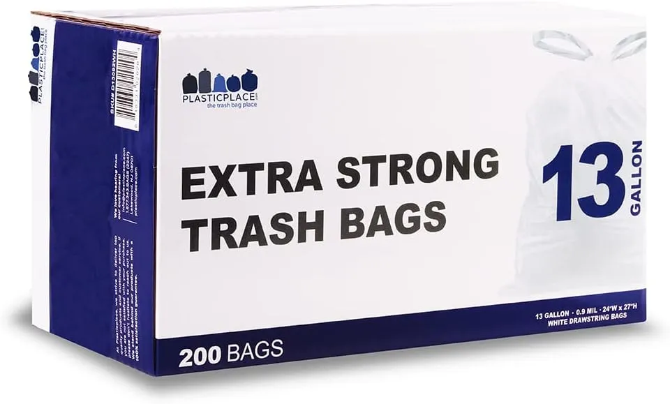 Plasticplace 13 Gallon Trash Bags â”‚ 1.2 Mil â”‚ White Drawstring Garbage Can Liners â”‚ 24" x 31", 200 Count (Pack of 1)