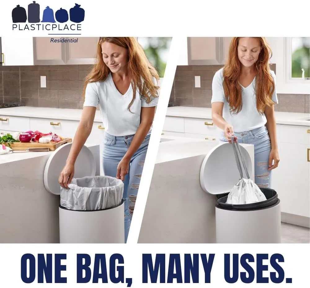 Plasticplace 13 Gallon Trash Bags â”‚ 1.2 Mil â”‚ White Drawstring Garbage Can Liners â”‚ 24" x 31", 200 Count (Pack of 1)