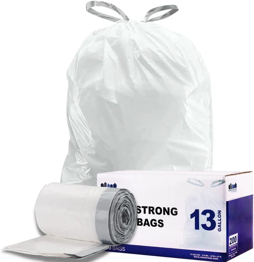 Plasticplace 13 Gallon Trash Bags â”‚ 1.2 Mil â”‚ White Drawstring Garbage Can Liners â”‚ 24" x 31", 200 Count (Pack of 1)