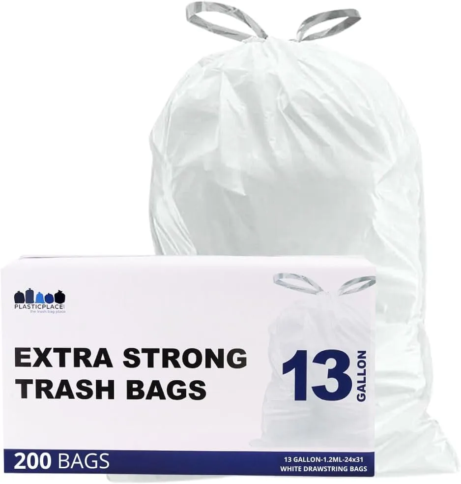 Plasticplace 13 Gallon Trash Bags â”‚ 1.2 Mil â”‚ White Drawstring Garbage Can Liners â”‚ 24" x 31", 200 Count (Pack of 1)