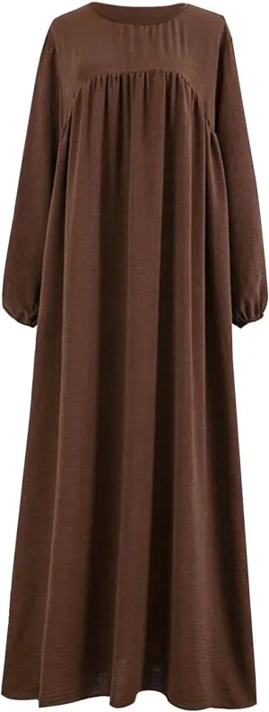 Plus Size Dresses for Curvy Women Casual Maxi Dress Causal Vintage Long Sleeve Crewneck Pleated Oversized Dress Fall