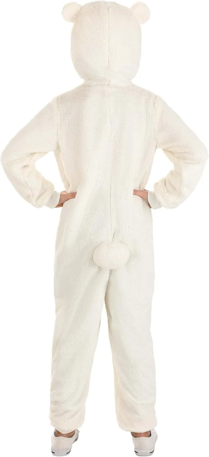 Polar Bear Costume Outfit for Kids - Soft Faux Fur Hooded Jumpsuit with Stuffed Snout, Tail, and Embroidered Details