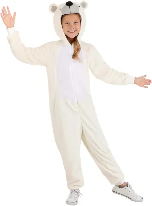 Polar Bear Costume Outfit for Kids - Soft Faux Fur Hooded Jumpsuit with Stuffed Snout, Tail, and Embroidered Details