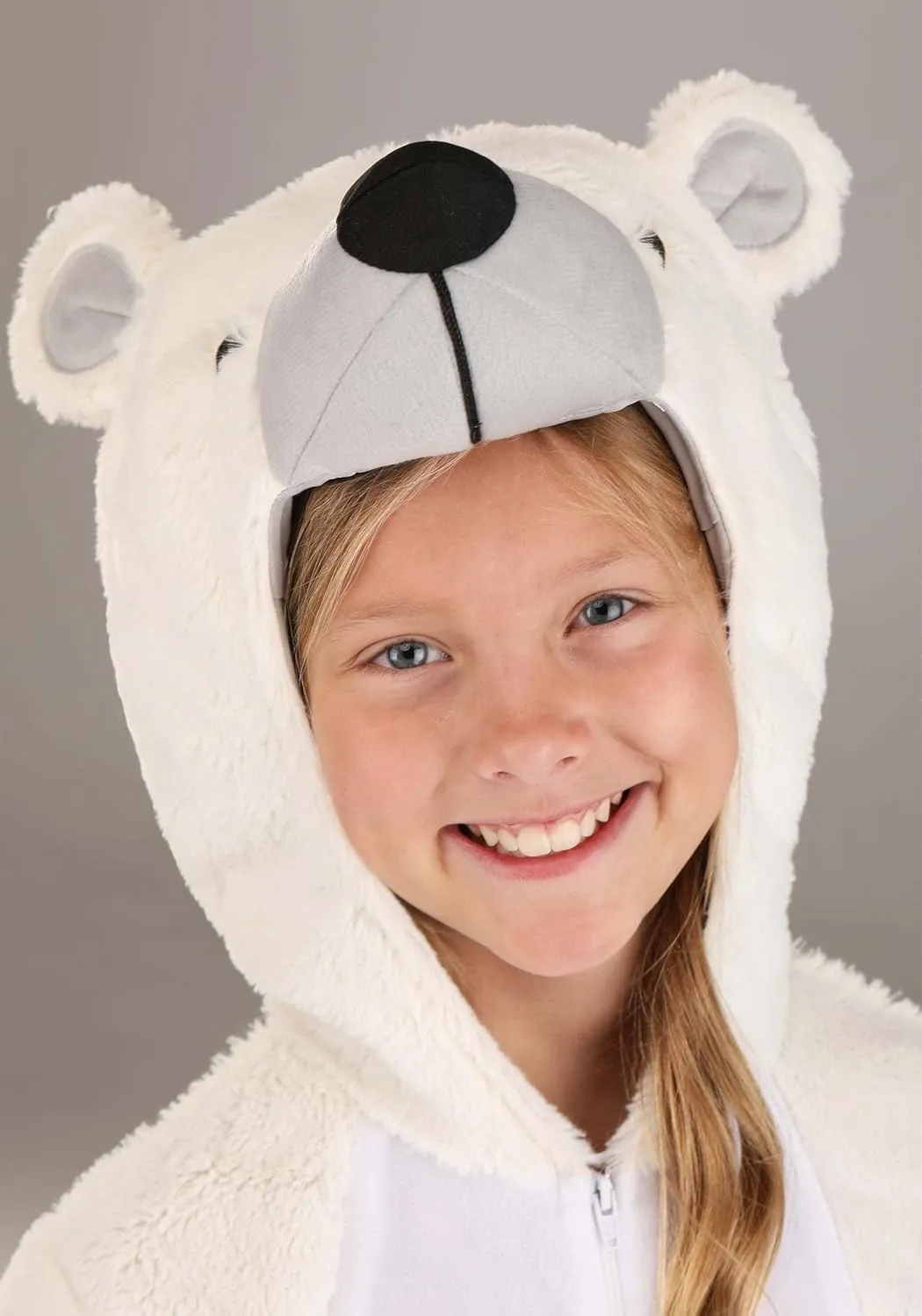 Polar Bear Costume Outfit for Kids - Soft Faux Fur Hooded Jumpsuit with Stuffed Snout, Tail, and Embroidered Details