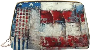 Portable Makeup Bag, Travel Organizer with Zipper, Large Cosmetic Bag, USA Flag Patchwork Print Toiletry Case