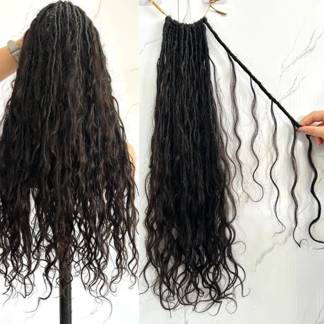 Pre-looped Crochet Boho Faux Locs with Human Hair body wave Ends Boho Hair Braids Goddess Dreadlocks Hair for Black Women Natural Color 26 Inch (Pack of 2)