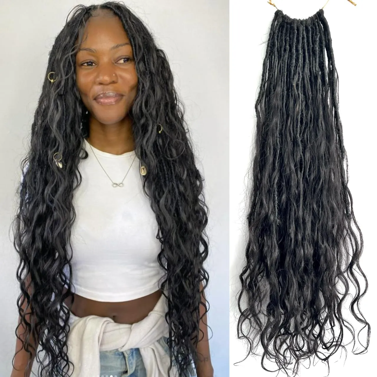 Pre-looped Crochet Boho Faux Locs with Human Hair body wave Ends Boho Hair Braids Goddess Dreadlocks Hair for Black Women Natural Color 26 Inch (Pack of 2)
