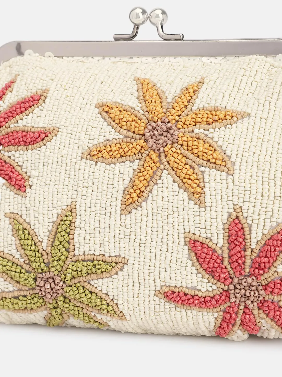 PRIMROSE Beaded Clutch Purse with Floral Embroidery, Cream