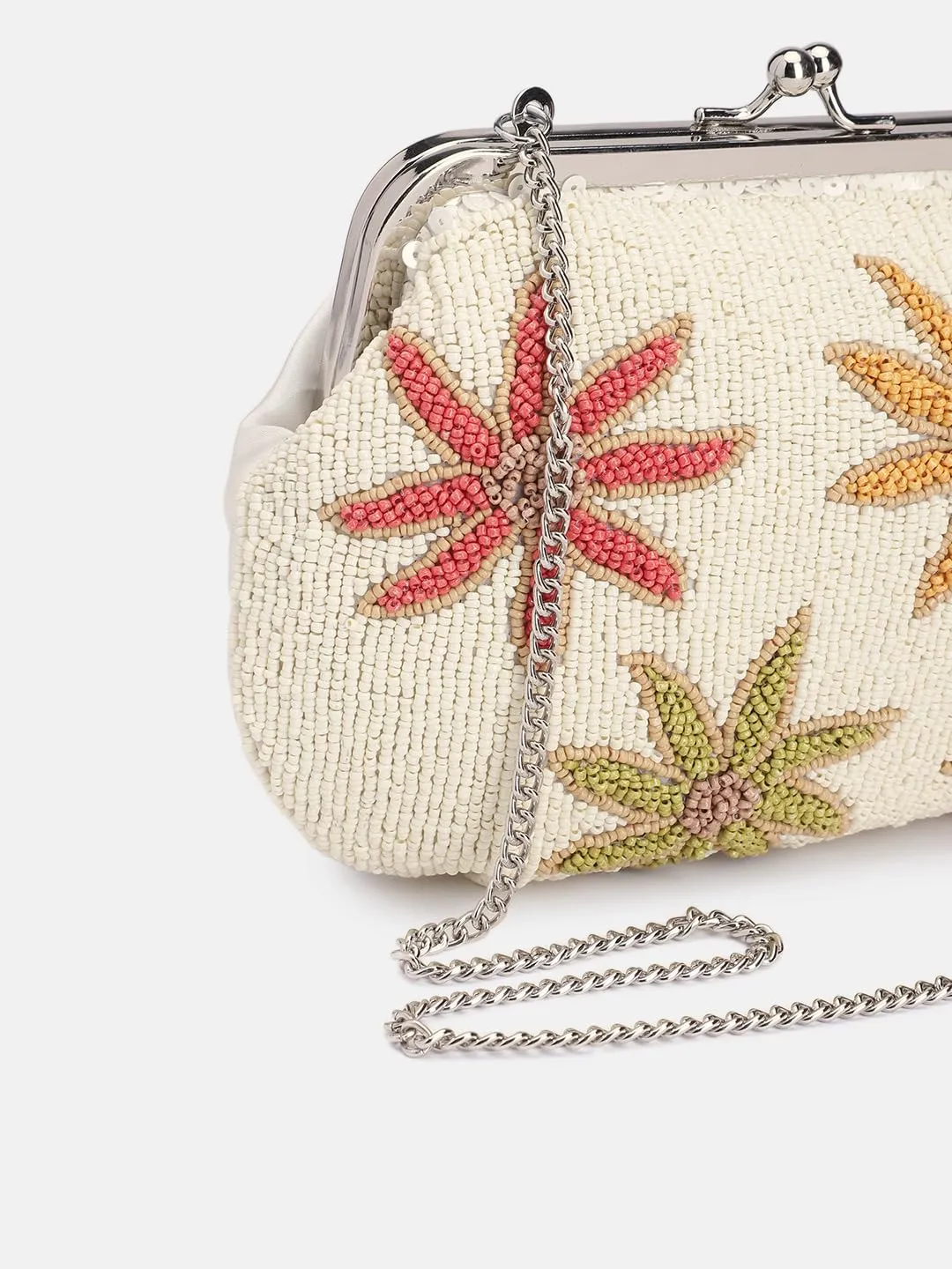 PRIMROSE Beaded Clutch Purse with Floral Embroidery, Cream