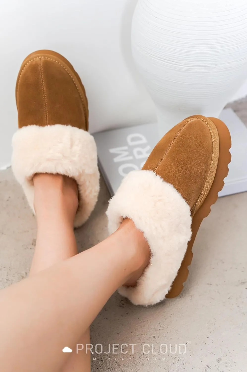 Project Cloud Genuine Leather Slippers for Women – Cozy Fuzzy Slippers with Memory Foam Insole – Water-Resistant Indoor & Outdoor Women Footwear (Snowy)