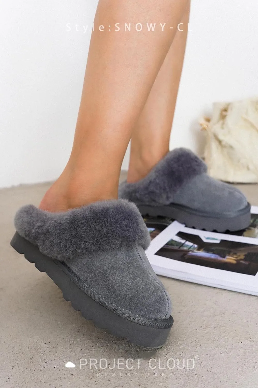 Project Cloud Genuine Leather Slippers for Women Indoor and Outdoor Fuzzy Slippers - Memory Foam Insole and Water-resistant Women Footwear (Snowy)
