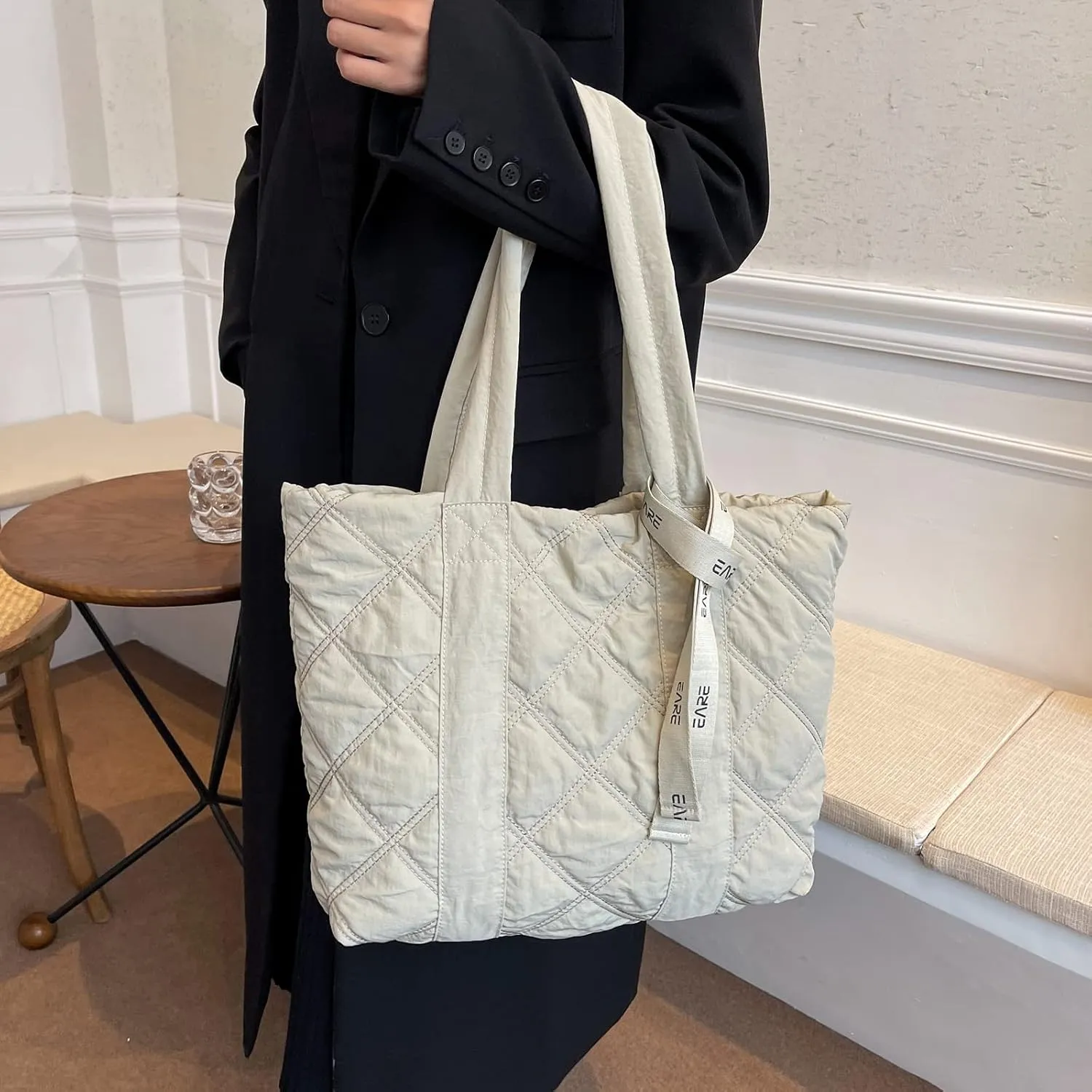 Puffer Quilted Tote Bag for Women Puffy Padded Purse with Zipper Work Nylon Soft Purse
