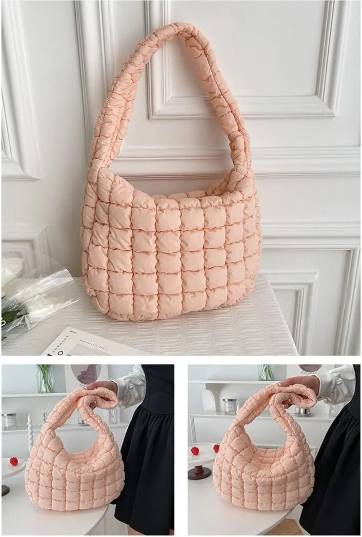 Puffer Tote Bag for Women Quilted Puffy Hobo Bag Lightweight Down Cotton Padded Shoulder Bag Trendy Padding Handbag