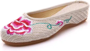 Qhome Womens Old Beijing Linen Chinese Style Oxfords Sole Embroidered Peony Household Canvas Slippers