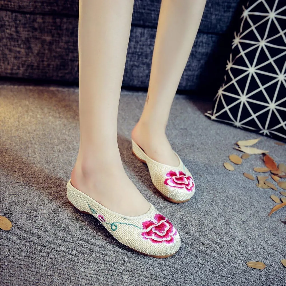 Qhome Womens Old Beijing Linen Chinese Style Oxfords Sole Embroidered Peony Household Canvas Slippers