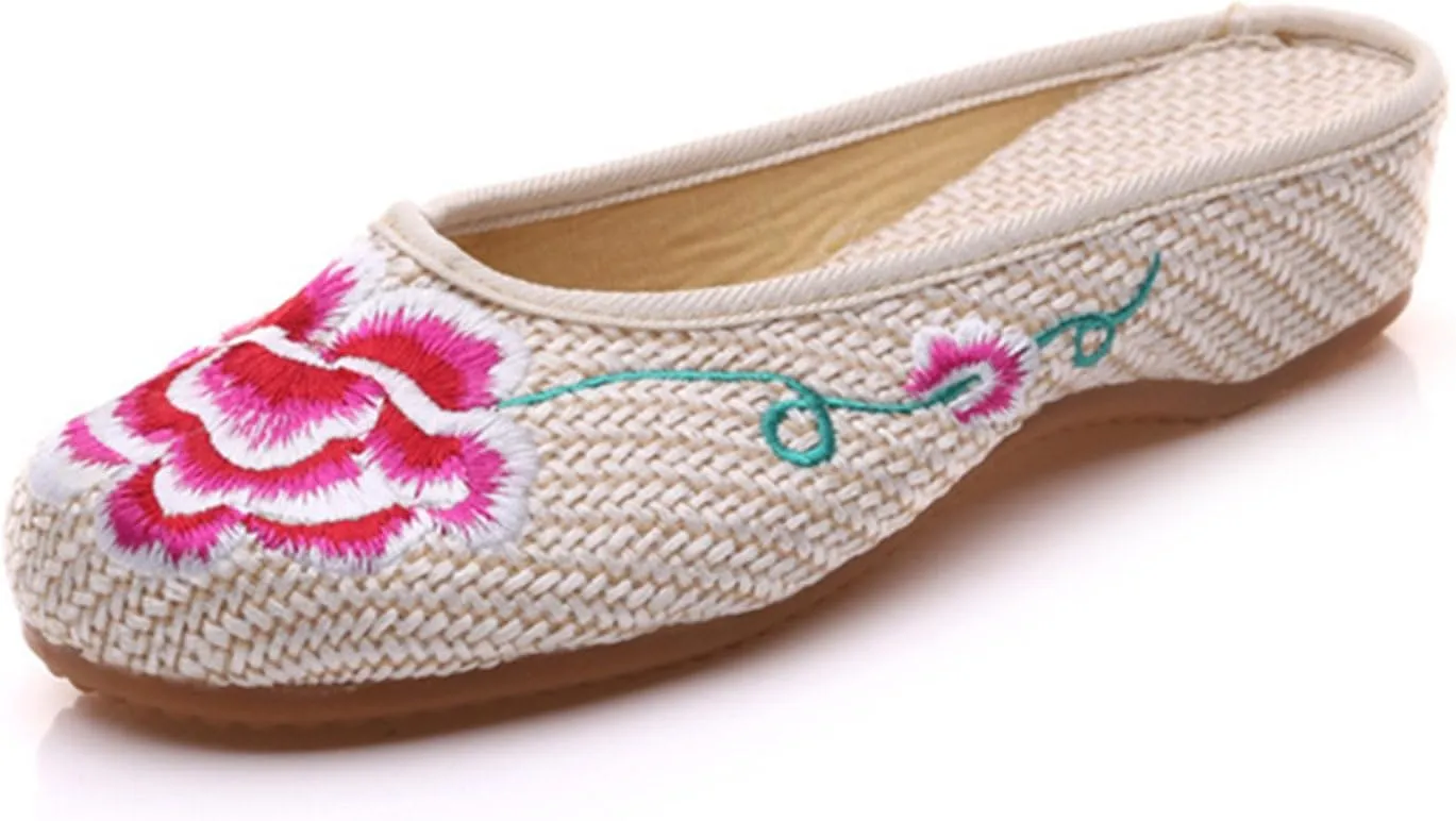 Qhome Womens Old Beijing Linen Chinese Style Oxfords Sole Embroidered Peony Household Canvas Slippers