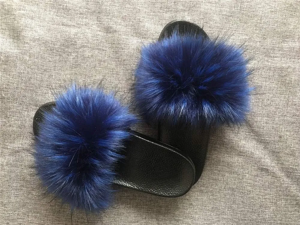 QMFUR Women's Vegan Faux Fur Slippers Fuzzy Slides Fluffy Sandals Open Toe Indoor Outdoor