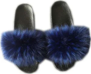 QMFUR Women's Vegan Faux Fur Slippers Fuzzy Slides Fluffy Sandals Open Toe Indoor Outdoor