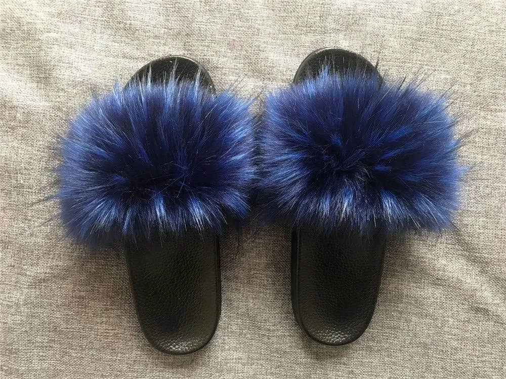 QMFUR Women's Vegan Faux Fur Slippers Fuzzy Slides Fluffy Sandals Open Toe Indoor Outdoor