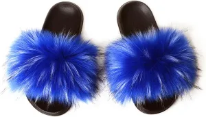 QMFUR Women's Vegan Faux Fur Slippers Fuzzy Slides Fluffy Sandals Open Toe Indoor Outdoor