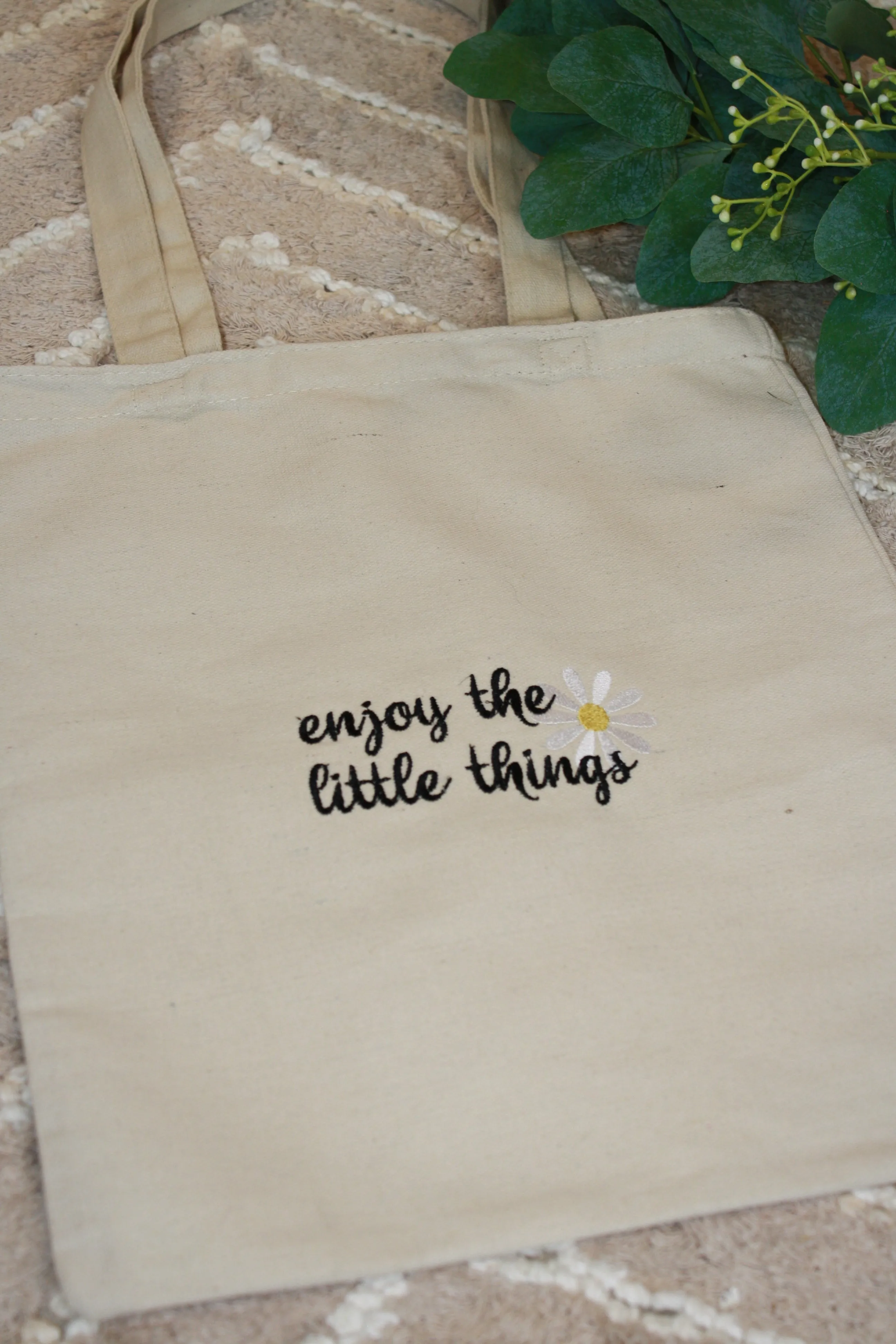 "Enjoy the Little Things" Embroidered Canvas Tote – Eco-Friendly & Stylish