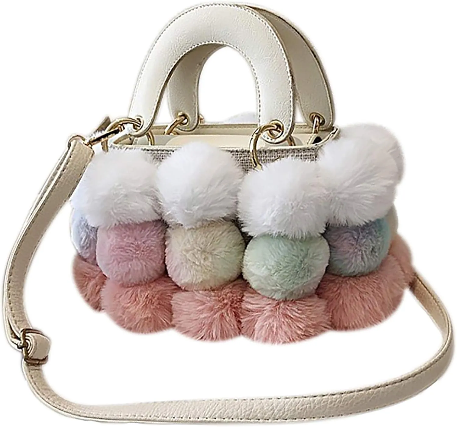 QZUnique Plush Bucket Handbag Faux Fur Drawstring Fluffy Crossbody Bag Handle Shoulder Tote Bag