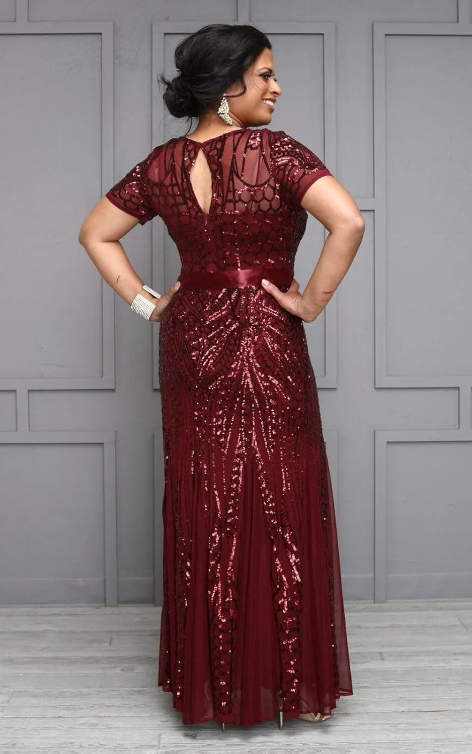 R&M Richards Womens Plus Formal Sequined Evening Dress
